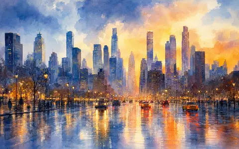 Bristol-Myers Squibb US0897961004 Aquarell New Yorker Skyline beleuchtet durch Abenddämmerung mit goldenen Straßenreflexionen - Foto: THN