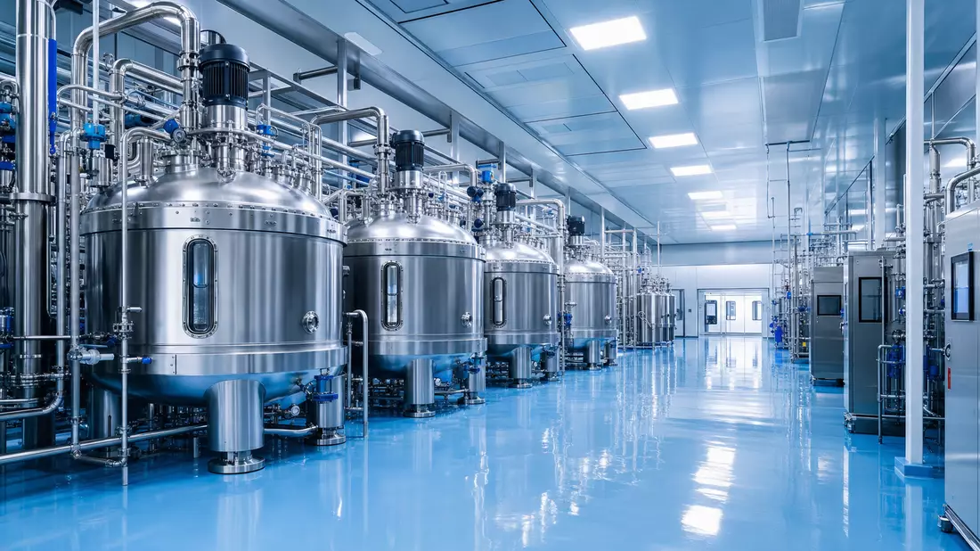 Architektonische Innenaufnahme einer modernen pharmazeutischen Bioprozessanlage mit glänzenden Edelstahl-Bioreaktortanks, kühlen blauen Tönen und polierten Böden