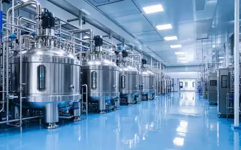 Bristol-Myers Squibb US0897961004 Architekturaufnahme moderner pharmazeutischer Bioreaktor-Produktionshalle mit Edelstahltanks in steriler Umgebung - Foto: THN