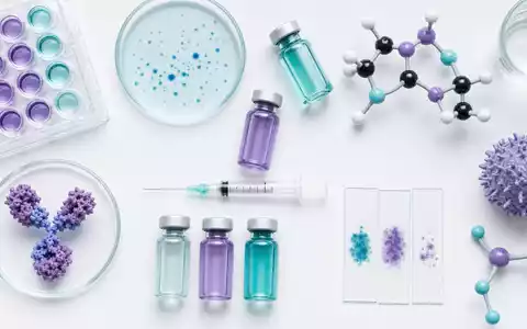 Bristol-Myers Squibb US0897961004 Flatlay Immuntherapie-Laborobjekte auf weißem Hintergrund mit Molekülmodellen sauber angeordnet - Foto: THN