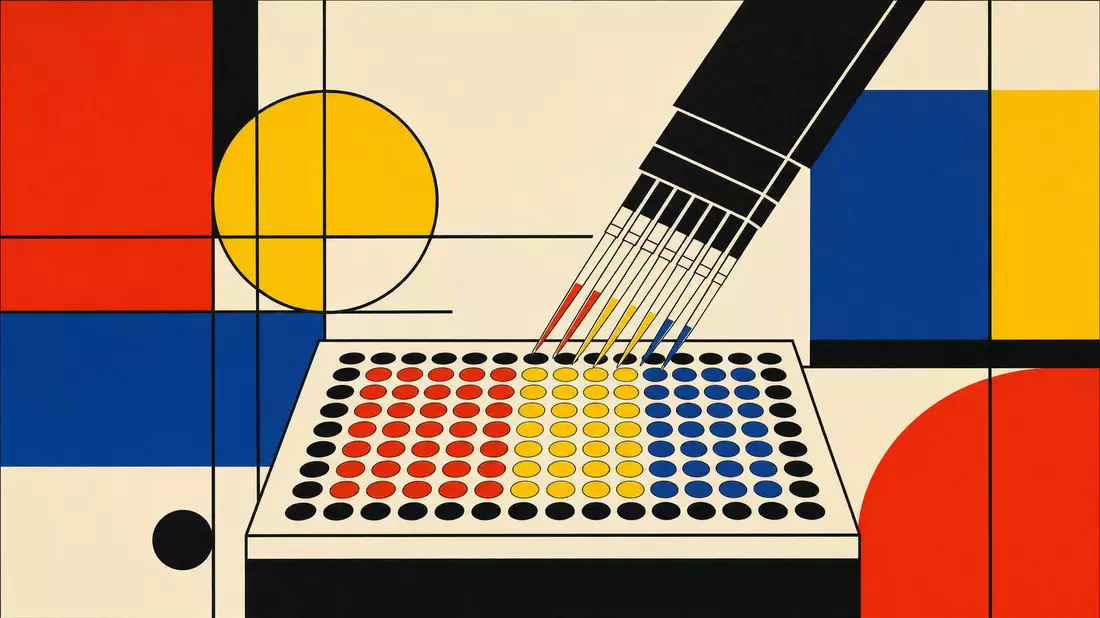 Bauhaus-Konstruktivismus-Poster mit abstrakter Pipette über einem geometrischen 96-Well-Platte-Raster in kräftigen Primärfarben Rot, Gelb und Blau auf Cremegrund
