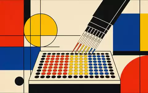 Bristol-Myers Squibb US0897961004 Bauhaus-Poster geometrische Pipette über 96-Well-Platte in Primärfarben und schwarzen Linien - Foto: THN