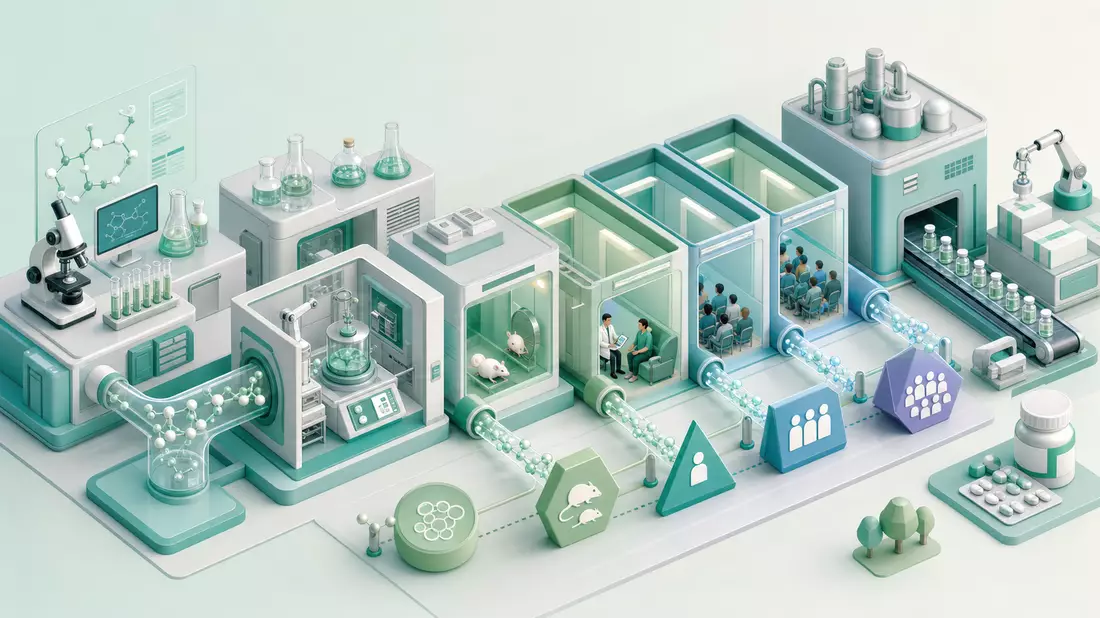 Isometrische 3D-Illustration der Pharma-Entwicklungspipeline mit stilisierten Laborgebäuden, Bioreak