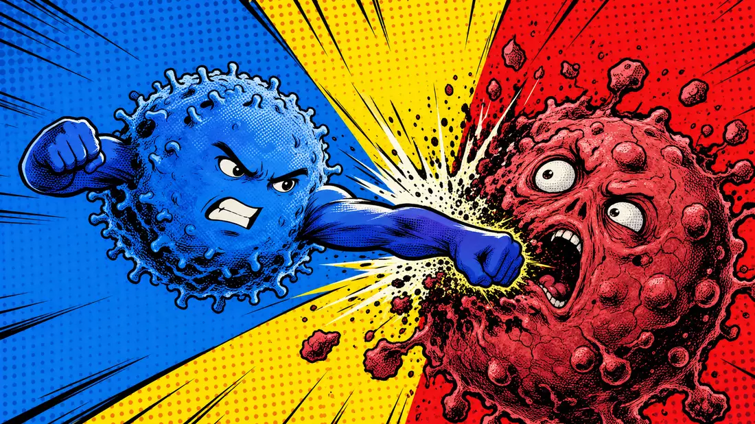 Pop-Art-Comicstil: Stilisierte blaue Immunzelle mit Umhang schlägt rote Krebszelle, kräftige Primärfarben, Halbtonpunktmuster und dynamische Aktionslinien im Retro-1960er-Stil