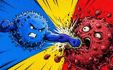 Bristol-Myers Squibb US0897961004 Pop-Art-Comic stilisierte Immunzelle bekämpft Krebszelle auf leuchtend buntem Ben-Day-Dots-Hintergrund - Foto: THN