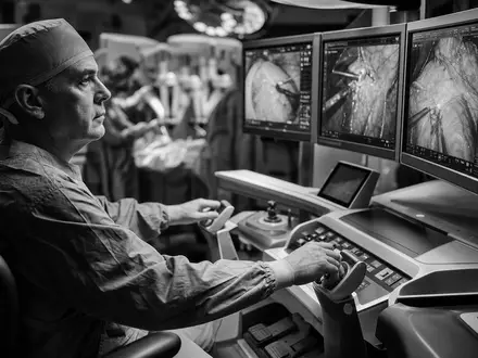 Intuitive Surgical US46120E6023 Schwarz-Weiß-Reportage zeigt Chirurgen an der Steuerkonsole mit operativem Monitor-Array - Foto: THN