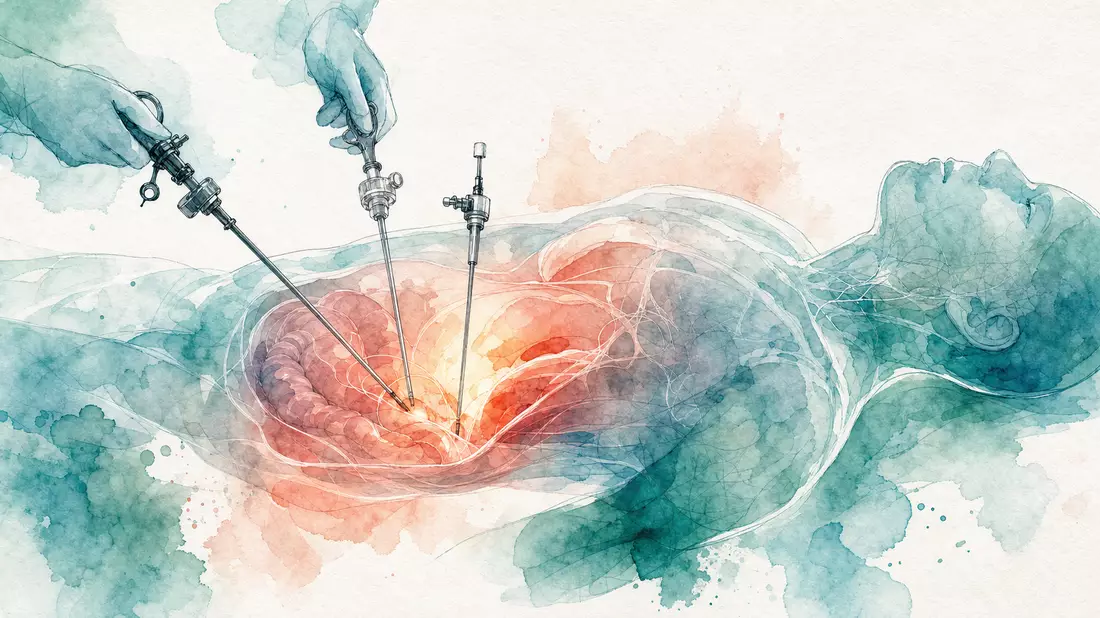 Aquarellillustration mit laparoskopischen Instrumenten in einem leuchtenden transluzenten Körperumriss, weiche Türkis- und Koralltöne, zarte Tuschelinien, medizinische Illustrationsästhetik auf weißem Papier