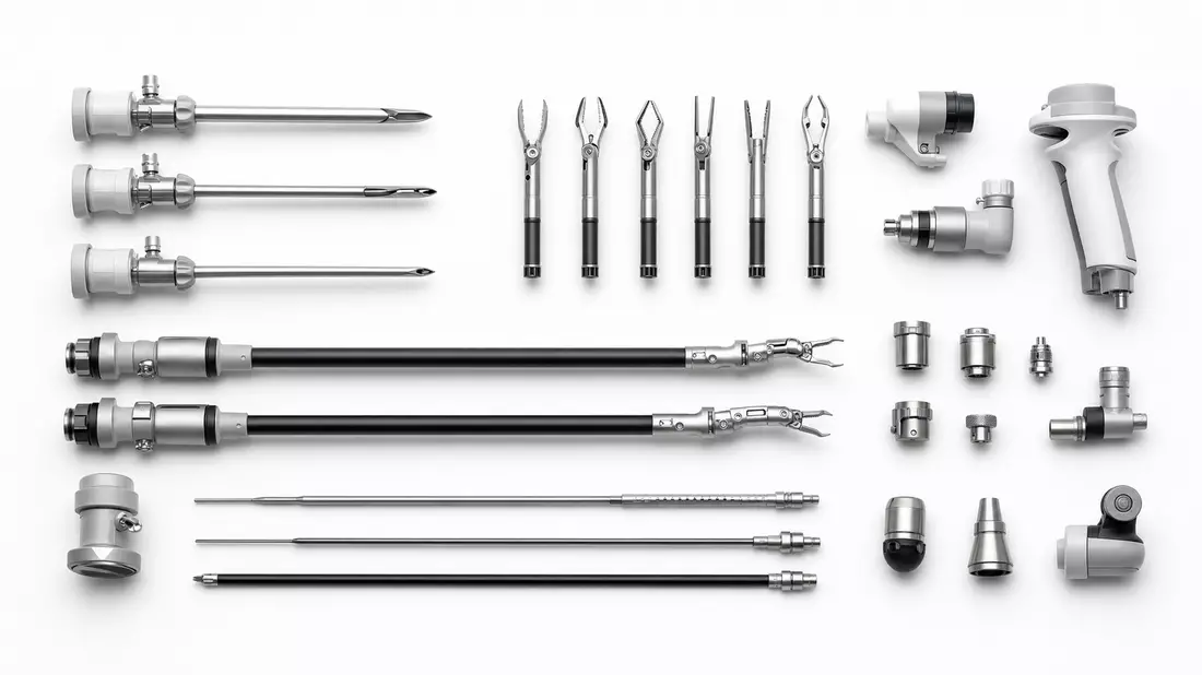 Overhead-Flatlay von laparoskopischen Trokaren und artikulierten Endeffektor-Instrumenten mit Metallfinish in geometrischer Anordnung auf weißem Hintergrund, weiches Studiolicho von oben