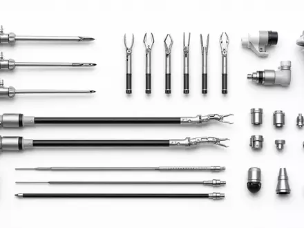 Intuitive Surgical US46120E6023 Flatlay zeigt chirurgische Roboterinstrumente und Trokar Komponenten auf weißem Untergrund - Foto: THN