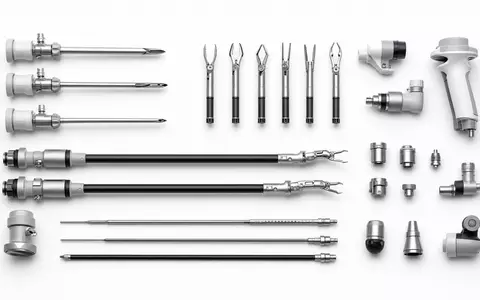 Intuitive Surgical US46120E6023 Flatlay zeigt chirurgische Roboterinstrumente und Trokar Komponenten auf weißem Untergrund - Foto: THN