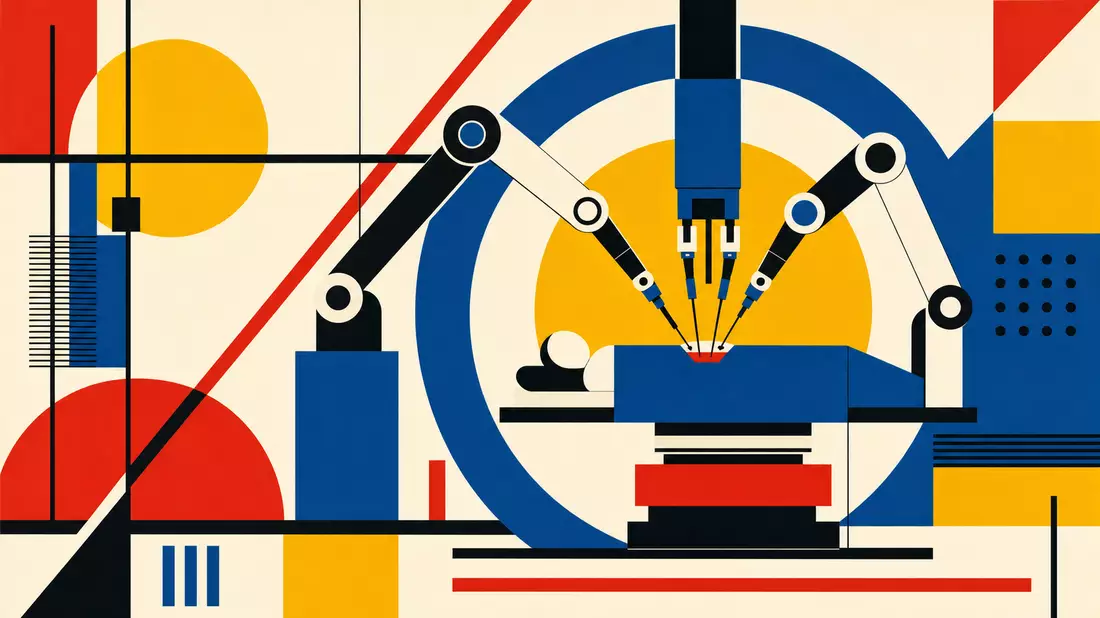Bauhaus-inspiriertes Plakat mit geometrischen Grundformen in Primärfarben Rot, Gelb und Blau, abstraktes Roboterchirurgie-Motiv mit Kreisen, Linien und Balken im Mondrian-Raster