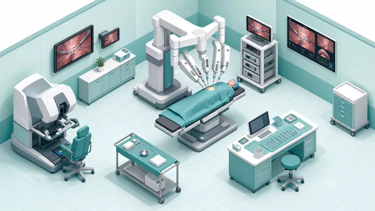 Isometrische 3D-Illustration eines Operationssaals in 45-Grad-Ansicht mit Robotereinheit über OP-Tisch, Chirurgensteuerkonsole links, Monitorturm und Instrumententisch, pastell-türkises Farbschema