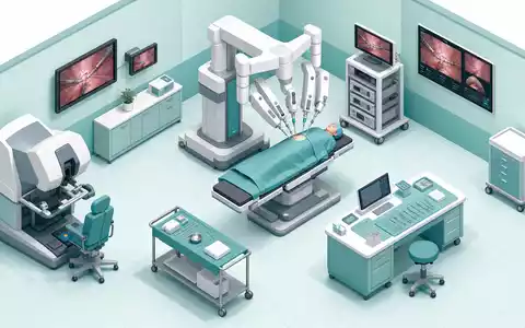 Intuitive Surgical US46120E6023 isometrische 3D Illustration zeigt vollständigen Roboter OP Saal mit Konsole - Foto: THN