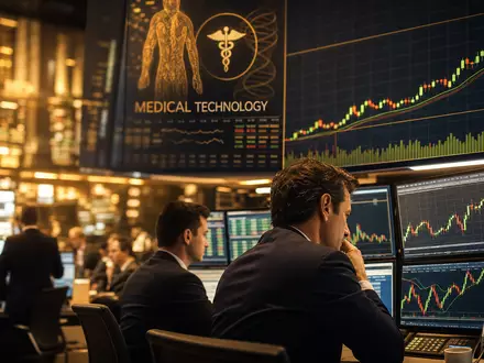 Intuitive Surgical US46120E6023 Börseneditorial zeigt NASDAQ Medizintechnik Wachstumschart mit HÀndlern im Handelssaal - Foto: THN