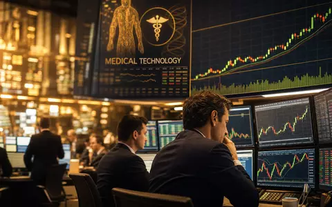 Intuitive Surgical US46120E6023 Börseneditorial zeigt NASDAQ Medizintechnik Wachstumschart mit Händlern im Handelssaal - Foto: THN