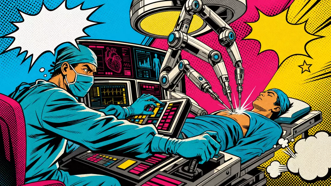 Pop-Art-Comicillustration mit Halbton-Punktmuster in Cyan, Magenta, Gelb und Schwarz, zeigt Chirurgen an Konsole mit dramatisch ausgefahrenen Roboterarmen, 1960er-Retro-Comicbuch-Ästhetik