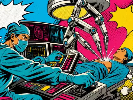 Intuitive Surgical US46120E6023 Pop Art Comic zeigt futuristisches Roboterchirurgie Szenario in krÀftigen Halbtontönen - Foto: THN