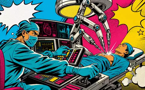 Intuitive Surgical US46120E6023 Pop Art Comic zeigt futuristisches Roboterchirurgie Szenario in kräftigen Halbtontönen - Foto: THN