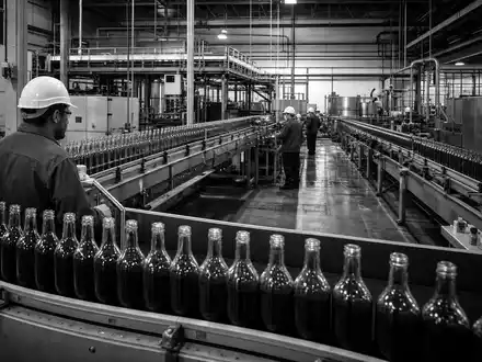 PepsiCo US7134481081 zeigt eine Getränkeabfüllanlage in dramatischem Schwarz-Weiß-Reportagestil mit Industriearbeitern an Fließband - Foto: THN