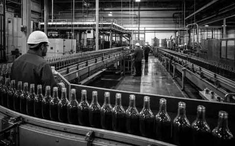 PepsiCo US7134481081 zeigt eine Getränkeabfüllanlage in dramatischem Schwarz-Weiß-Reportagestil mit Industriearbeitern an Fließband - Foto: THN