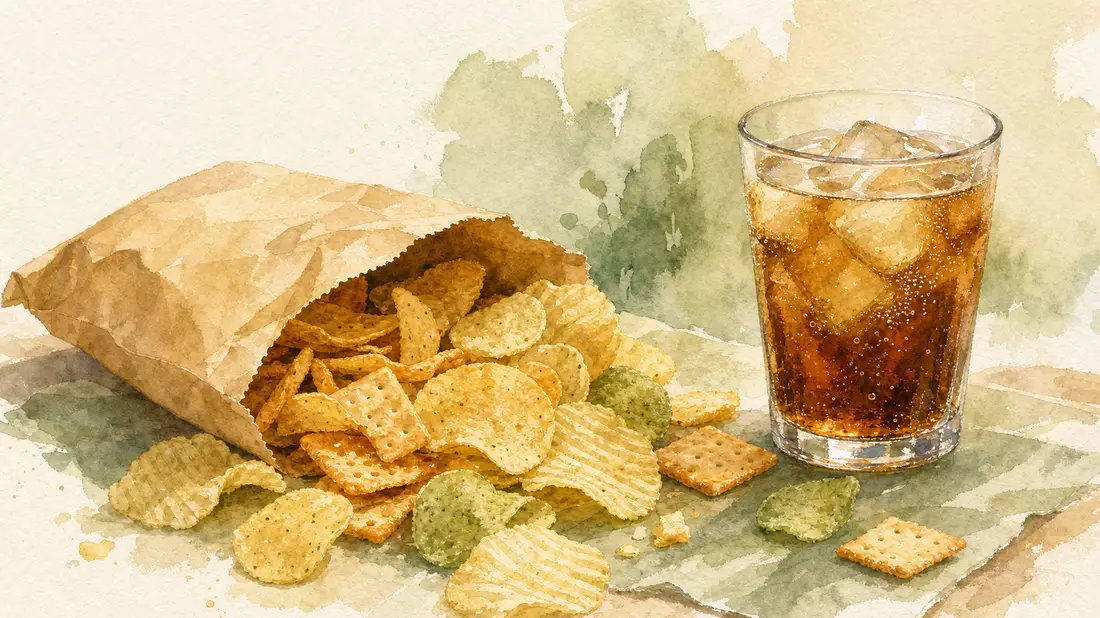 Aquarellillustration von Snackchips und Crackern aus einer schlichten Papiertüte neben einem Glas Eisgetränk in warmen Pastelltönen, weiches Wasserfarben-Papier sichtbar