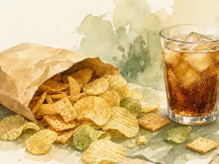PepsiCo US7134481081 als Aquarellillustration mit anonymen Snacks und Erfrischungsgetränk auf texturiertem hellem Papier - Foto: THN