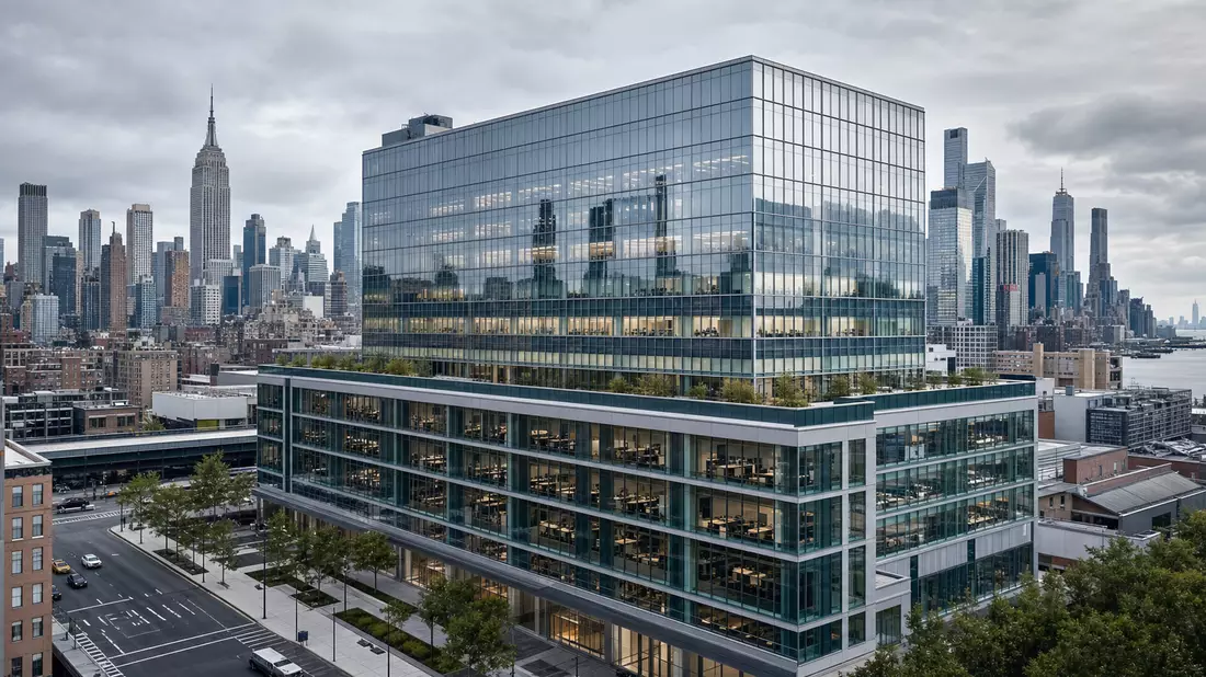 Architekturfotografie eines modernen Glas-Stahl-Bürogebäudes ohne Beschriftung vor der Skyline von Midtown Manhattan, bewölkter Himmel, Vogelperspektive