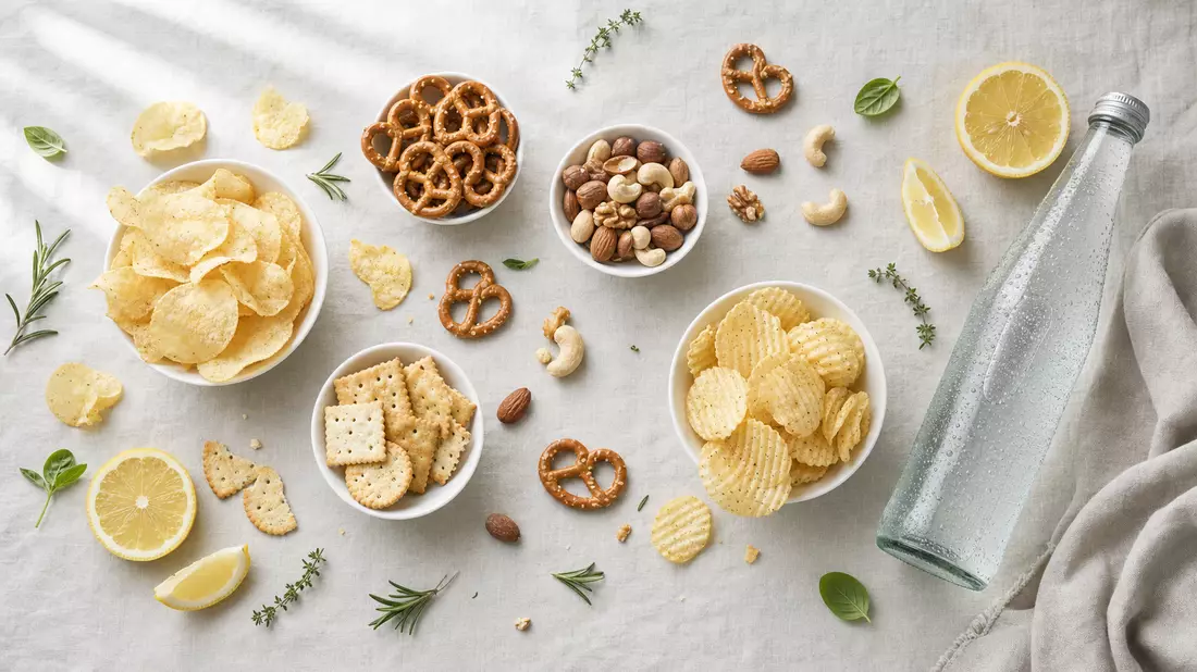 Flatlay-Produktfoto von Chips, Brezeln, Crackern und Nüssen in weißen Schälchen neben einer generischen Glasflasche Sprudelwasser auf hellgrauem Leinenstoff