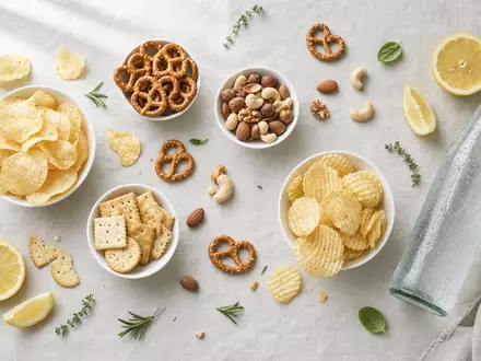 PepsiCo US7134481081 zeigt anonymes Snack-Sortiment in schlichter Draufsicht-Flatlay-Anordnung auf hellem natürlichem Leinenstoff - Foto: THN