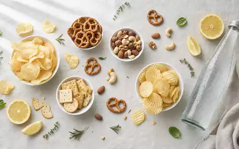 PepsiCo US7134481081 zeigt anonymes Snack-Sortiment in schlichter Draufsicht-Flatlay-Anordnung auf hellem natĂŒrlichem Leinenstoff - Foto: THN