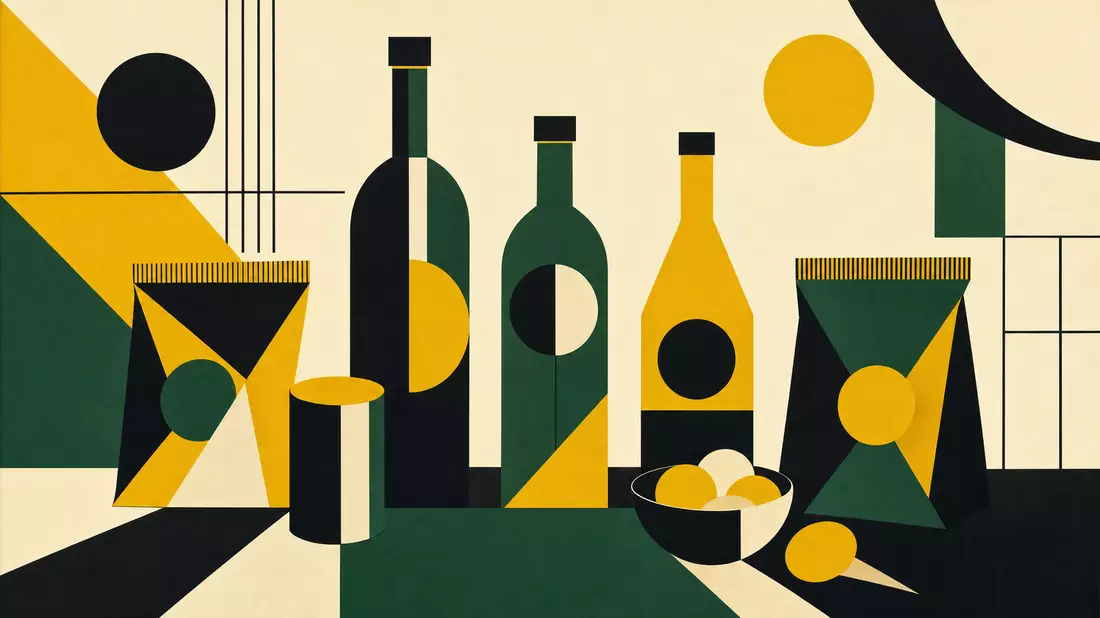 Bauhaus-Modernismus-Plakatdesign mit geometrisch reduzierten Flaschensilhouetten und Snacktüten in Schwarz Gelb und Dunkelgrün auf cremefarbenem Hintergrund ohne Text