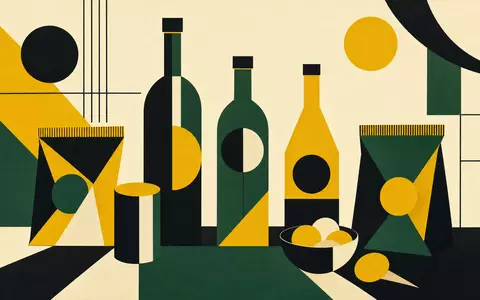 PepsiCo US7134481081 als Bauhaus-Plakatkunst mit geometrischen Flaschensilhouetten in Schwarz Gelb und Dunkelgrün - Foto: THN