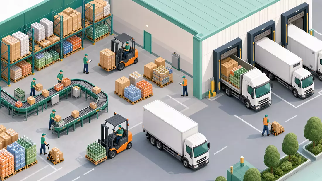 Isometrische 3D-Illustration eines Distributionszentrums mit Lagerhalle, Gabelstaplern, Fließband und weißen ungebrandeten Liefertrucks in Mintgrün und Orange