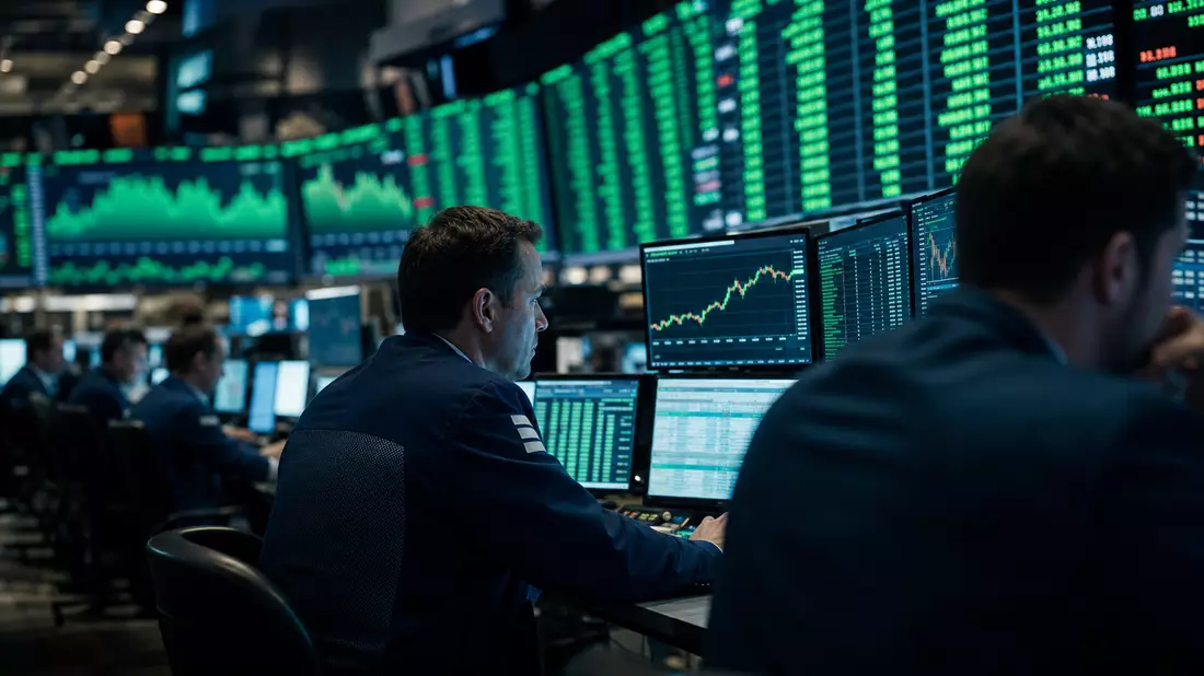 Redaktionelles Börsenfoto vom NASDAQ-Handelsparkett, Händler an Bildschirmen mit grün leuchtenden Kursanzeigen und Chartdarstellungen, dramatisches Bildschirmlicht