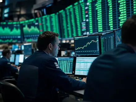 PepsiCo US7134481081 mit dramatischem Börsen-Editorial vom NASDAQ-Handelsparkett mit grün leuchtenden Kursmonitoren im Hintergrund - Foto: THN