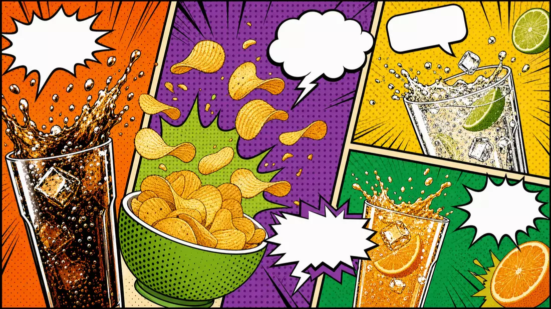 Pop-Art-Comicillustration mit Ben-Day-Rasterpunkten, fliegenden Kartoffelchips und spritzenden Erfri