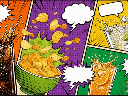 PepsiCo US7134481081 als farbenprÀchtiges Pop-Art-Comic mit fliegenden Chips und spritzenden generischen ErfrischungsgetrÀnken - Foto: THN