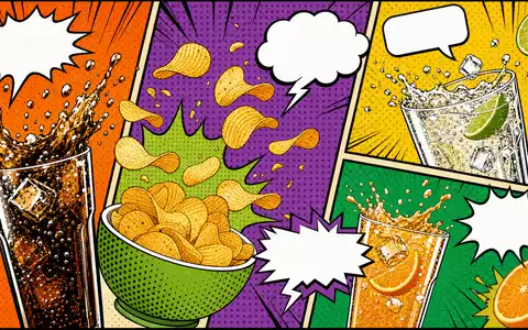 PepsiCo US7134481081 als farbenprÀchtiges Pop-Art-Comic mit fliegenden Chips und spritzenden generischen ErfrischungsgetrÀnken - Foto: THN