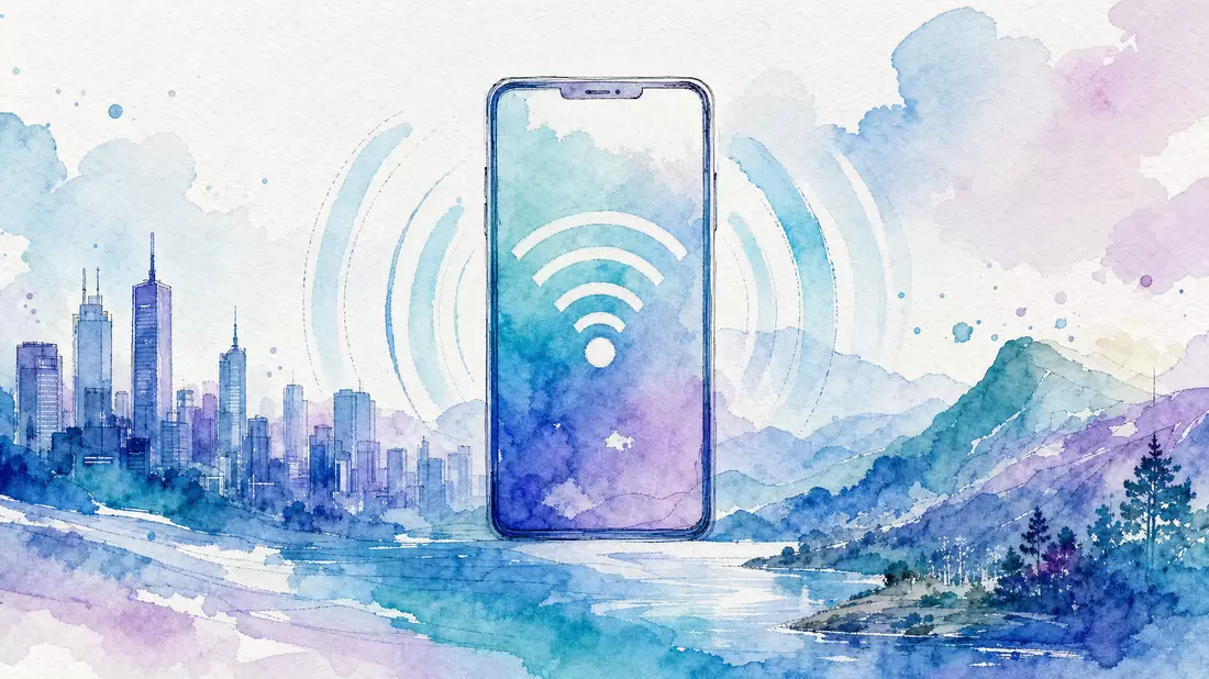 Aquarellmalerei eines generischen Smartphones, das sanfte 5G-Funksignalwellen über eine Stadtsilhouette aussendet, in weichen Blau-, Türkis- und Violetttönen auf Papierstruktur