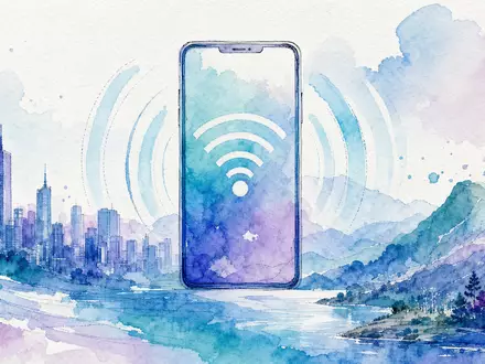 Qualcomm US7475251036 als Aquarell Smartphone sendet mobile Funksignalwellen über eine urbane Stadtsilhouette - Foto: THN