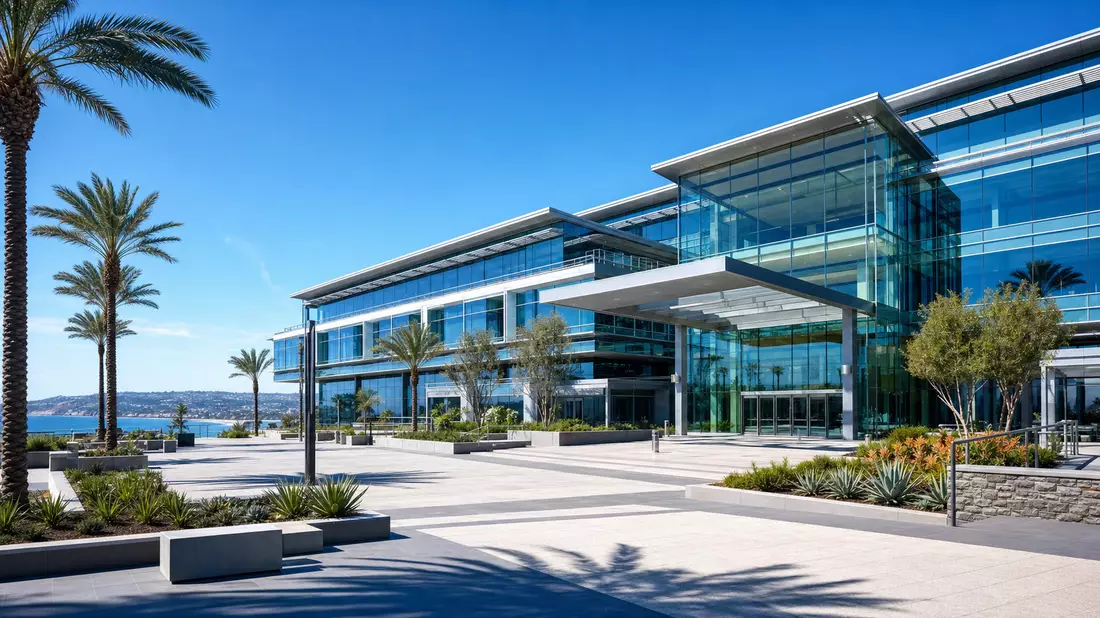 Architekturaufnahme eines generischen modernen Technologieunternehmens-Campus mit Glas-Stahl-Fassade, Palmen und blauem Himmel an der San-Diego-Küste
