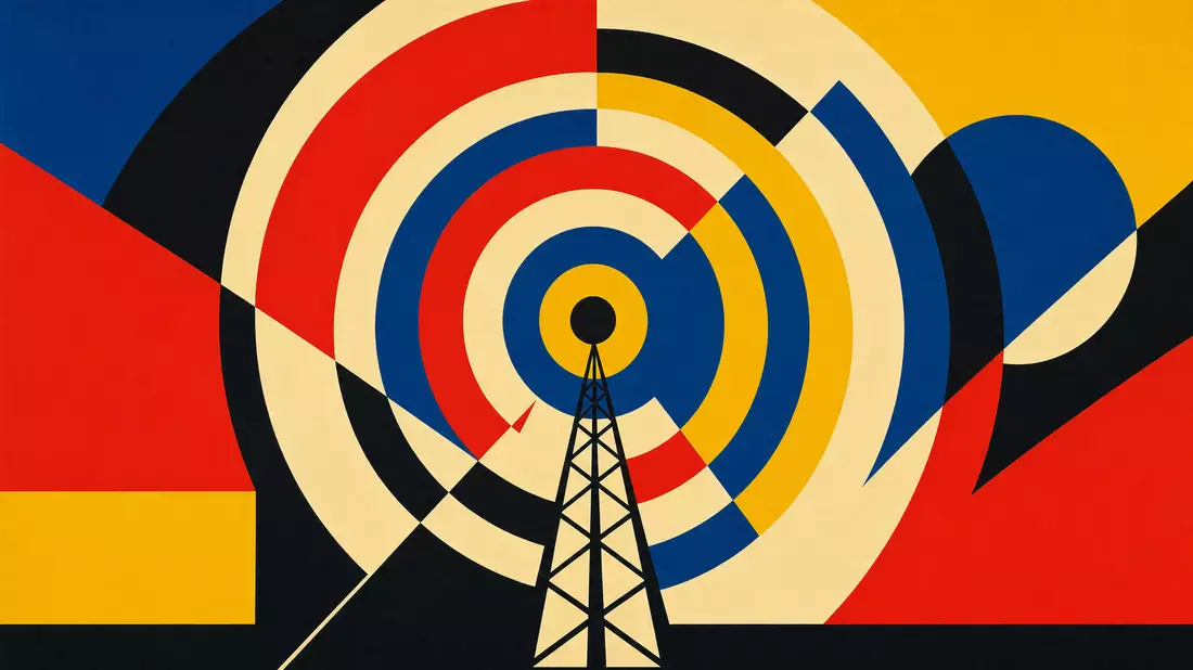 Bauhaus-Modernismus-Posterdesign mit geometrischen konzentrischen Bögen als abstrakte Funkwellendarstellung in kräftigen Primärfarben Rot, Blau, Gelb und Schwarz im konstruktivistischen Stil