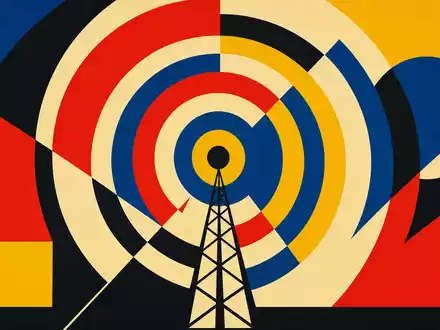 Qualcomm US7475251036 Bauhaus Poster mit geometrischen Funkwellen Kreisen in kräftigen Primärfarben konstruktivistisch - Foto: THN