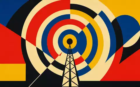 Qualcomm US7475251036 Bauhaus Poster mit geometrischen Funkwellen Kreisen in kräftigen Primärfarben konstruktivistisch - Foto: THN