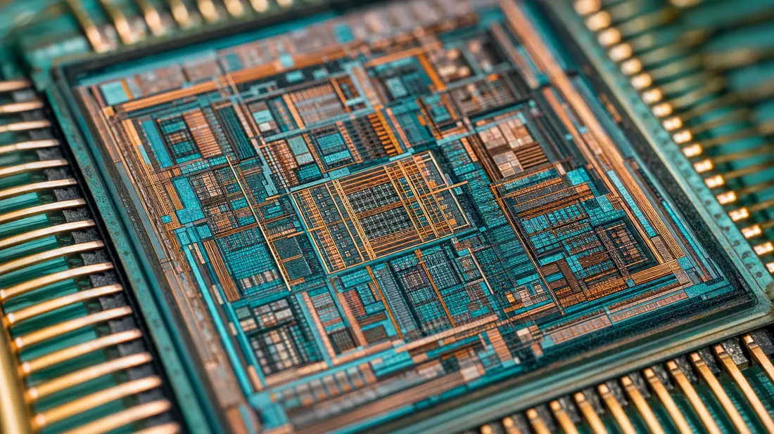 Extreme Makrofotografie eines generischen Mobilfunk-Modem-Chips mit sichtbaren Silizium-Die-Oberfläche, Transistorbahnen und Metall-Interconnect-Schichten in Türkis- und Kupfertönen