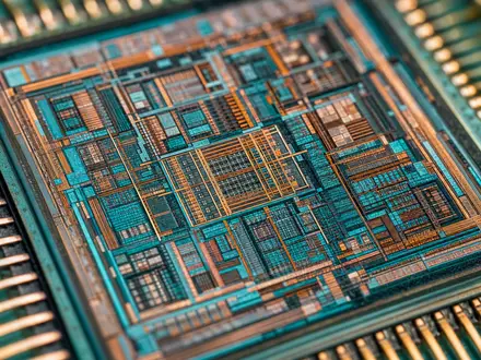 Qualcomm US7475251036 Makro Aufnahme Mobilfunk Modem Chip Silizium Die mit sichtbaren Transistorstrukturen - Foto: THN