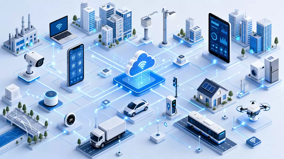 Isometrische 3D-Illustration einer Smart-City mit vernetzten IoT-Geräten wie Smartphones, Fahrzeugen, Sensoren und Gebäuden, verbunden durch leuchtende Datenstromlinien