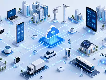 Qualcomm US7475251036 isometrische 3D Darstellung vernetzter IoT Smart City Geräte mit Datenstrahlen - Foto: THN