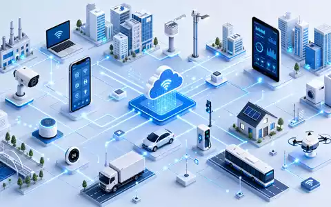 Qualcomm US7475251036 isometrische 3D Darstellung vernetzter IoT Smart City Geräte mit Datenstrahlen - Foto: THN