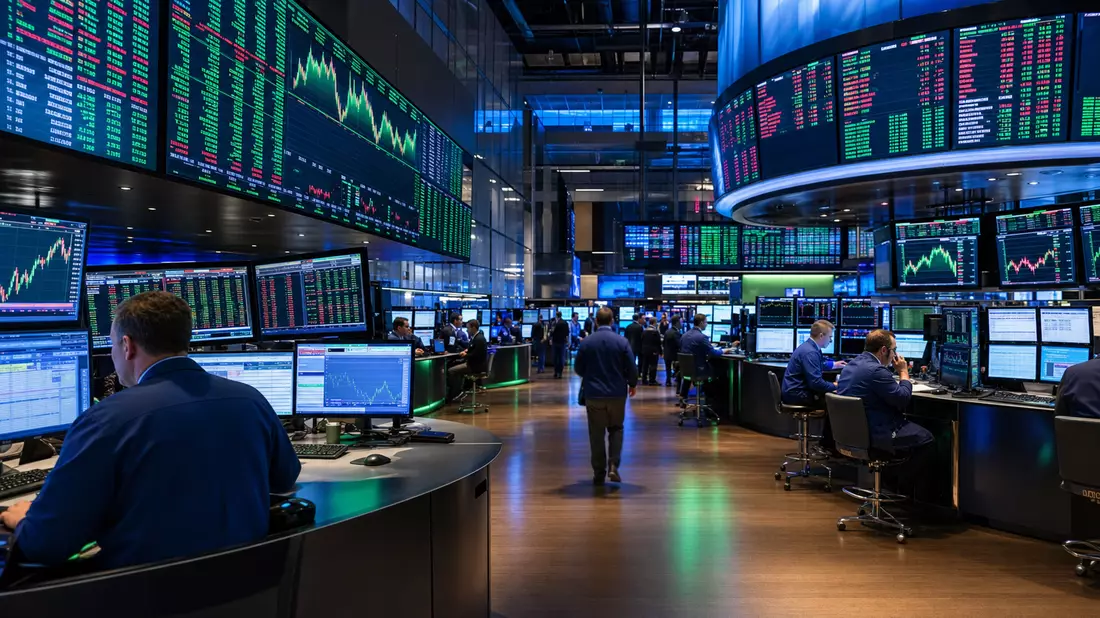 Editorial-Foto eines modernen Börsenhandelsraums mit Händlern an Workstations vor großen Kursanzeige-Bildschirmen in dramatisch blau-grünem Licht im NASDAQ-Stil
